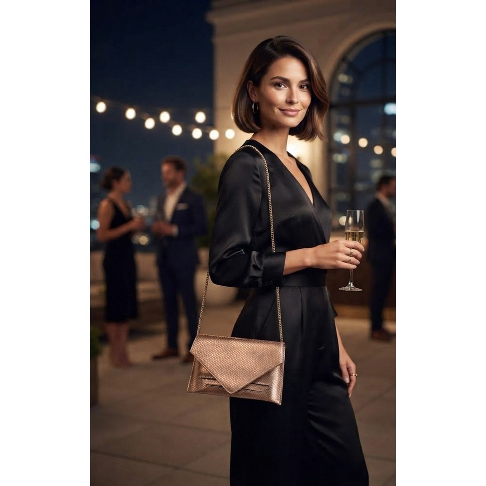 Vittoria Napoli Rose Gold Metallic Snakeskin Leather Envelope Clutch Bag Italy